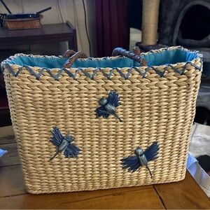 Elegant Woven Tote with Blue Dragonfly Design